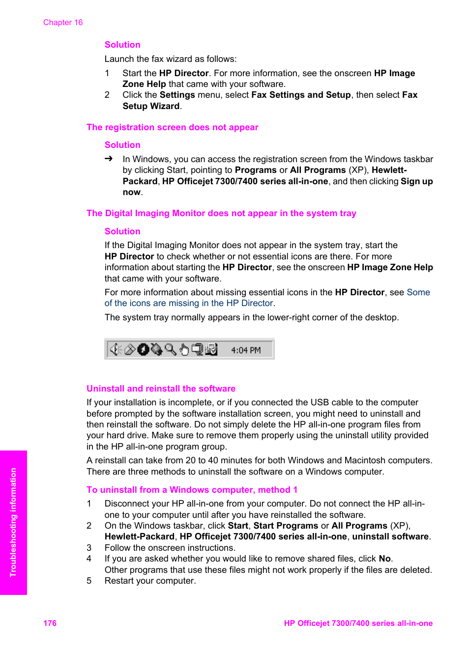 Uninstall and reinstall the software, Uninstall and reinstall the, Software | HP Officejet 7410 All-in-One Printer User Manual | Page 179 / 242