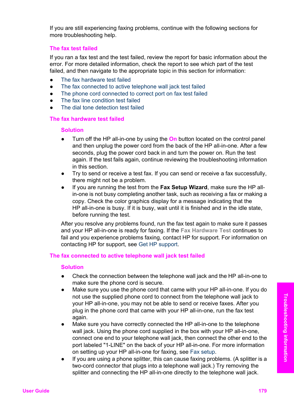 The fax test failed, Found during the test, see, The fax | Test failed, See the next section, The fax test, Failed | HP Officejet 7410 All-in-One Printer User Manual | Page 182 / 242