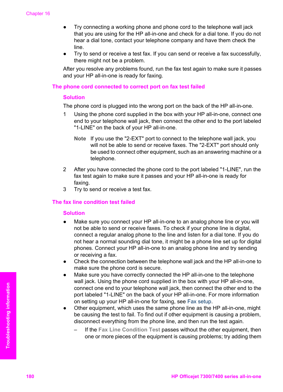 The fax line condition test failed | HP Officejet 7410 All-in-One Printer User Manual | Page 183 / 242