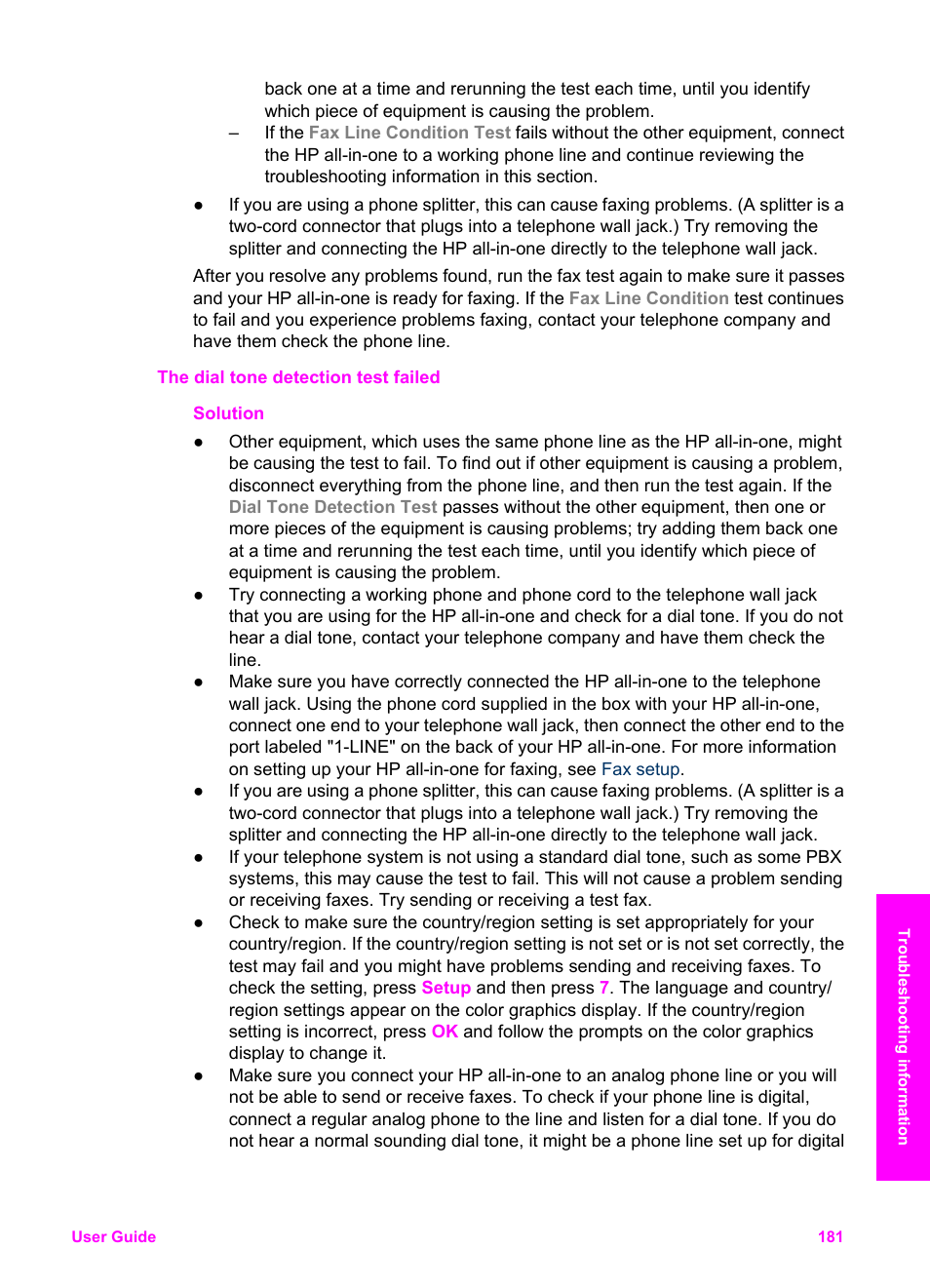 The dial tone detection test failed | HP Officejet 7410 All-in-One Printer User Manual | Page 184 / 242