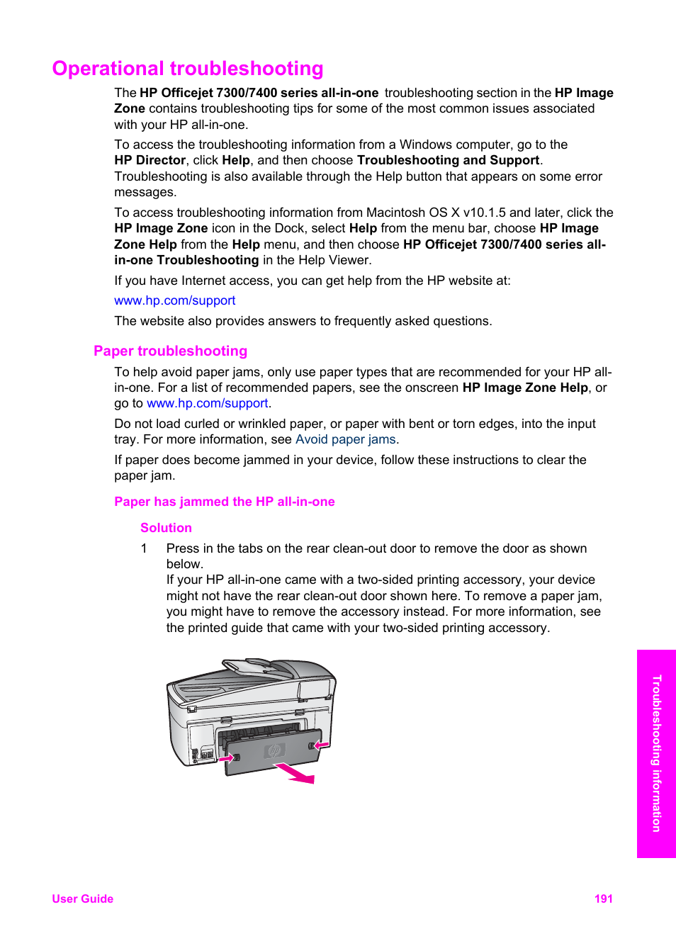 Operational troubleshooting, Paper troubleshooting, Clearing paper jams, see | HP Officejet 7410 All-in-One Printer User Manual | Page 194 / 242