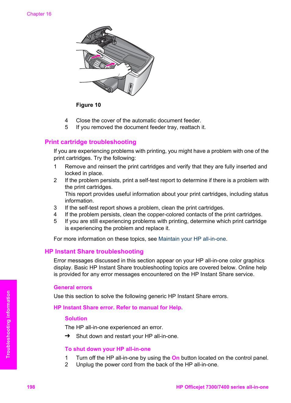 Print cartridge troubleshooting, Hp instant share troubleshooting, General errors | HP Officejet 7410 All-in-One Printer User Manual | Page 201 / 242
