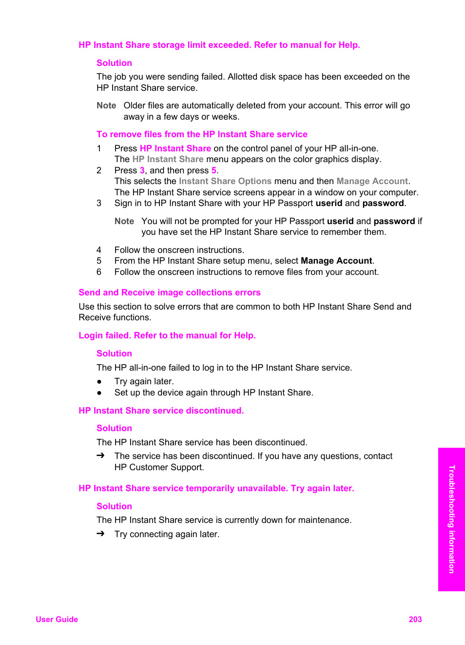 Send and receive image collections errors, Hp instant share error report messages | HP Officejet 7410 All-in-One Printer User Manual | Page 206 / 242