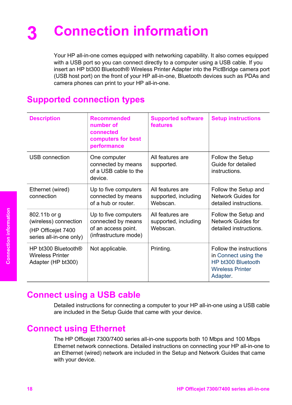 Connection information, Supported connection types, Connect using a usb cable | Connect using ethernet | HP Officejet 7410 All-in-One Printer User Manual | Page 21 / 242