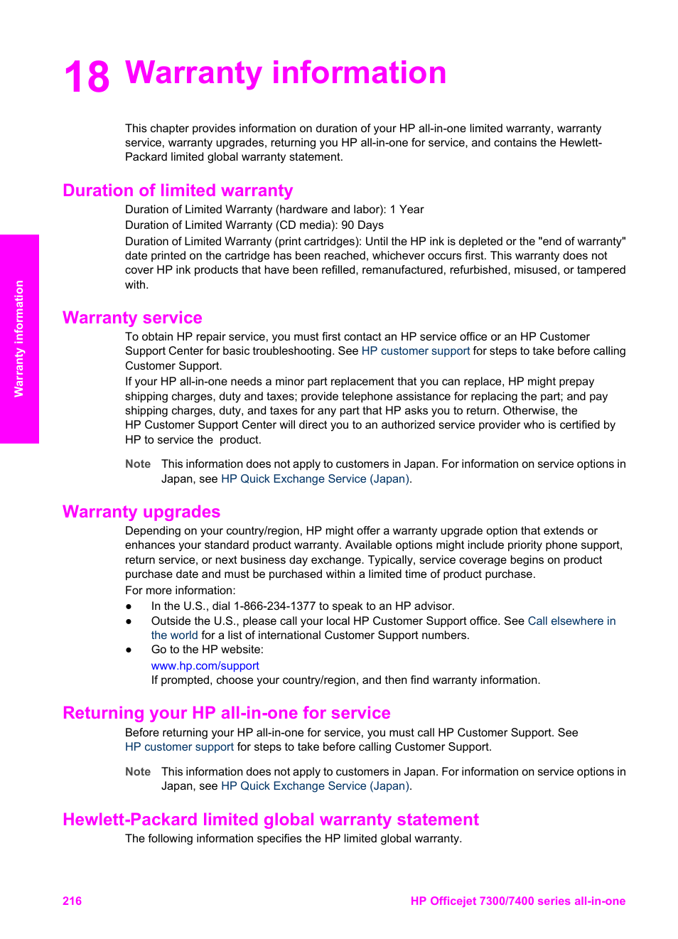 Warranty information, Duration of limited warranty, Warranty service | Warranty upgrades, Returning your hp all-in-one for service, Hewlett-packard limited global warranty statement, 18 warranty information | HP Officejet 7410 All-in-One Printer User Manual | Page 219 / 242