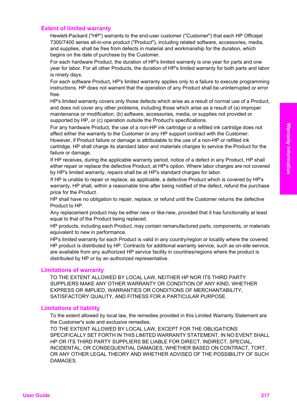 Extent of limited warranty, Limitations of warranty, Limitations of liability | HP Officejet 7410 All-in-One Printer User Manual | Page 220 / 242