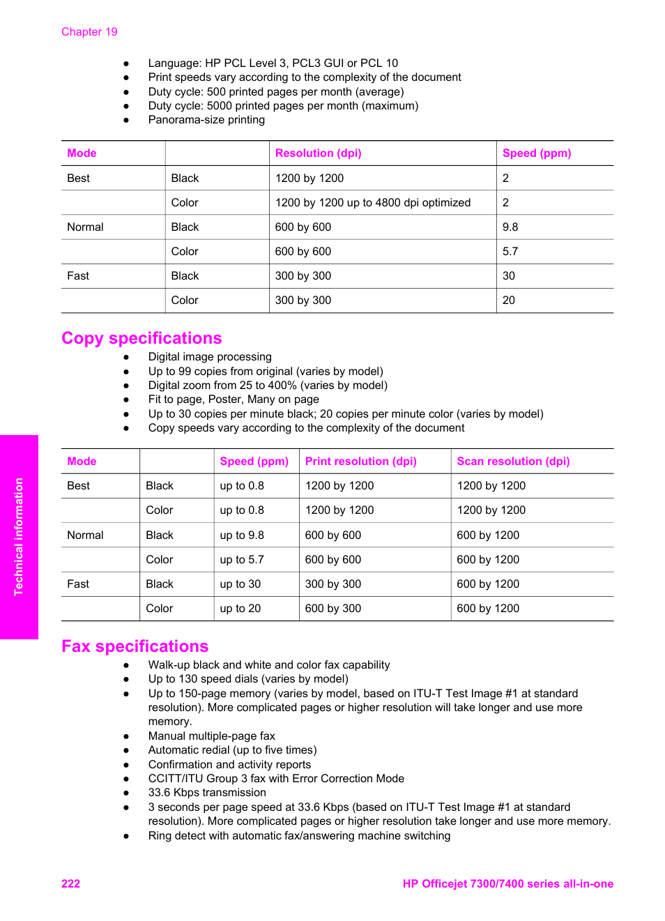 Copy specifications, Fax specifications | HP Officejet 7410 All-in-One Printer User Manual | Page 225 / 242