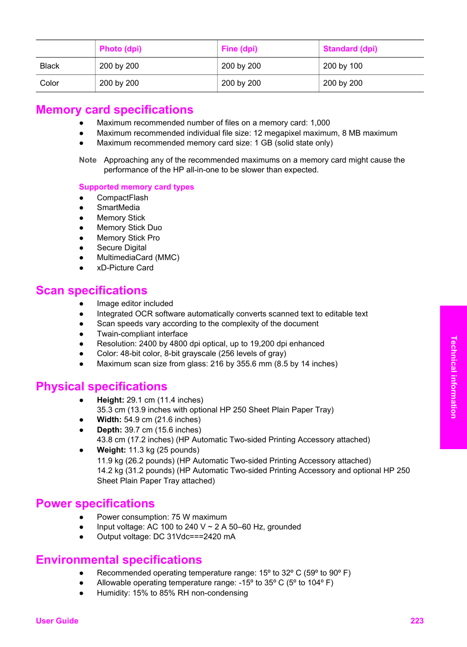 Memory card specifications, Scan specifications, Physical specifications | Power specifications, Environmental specifications | HP Officejet 7410 All-in-One Printer User Manual | Page 226 / 242