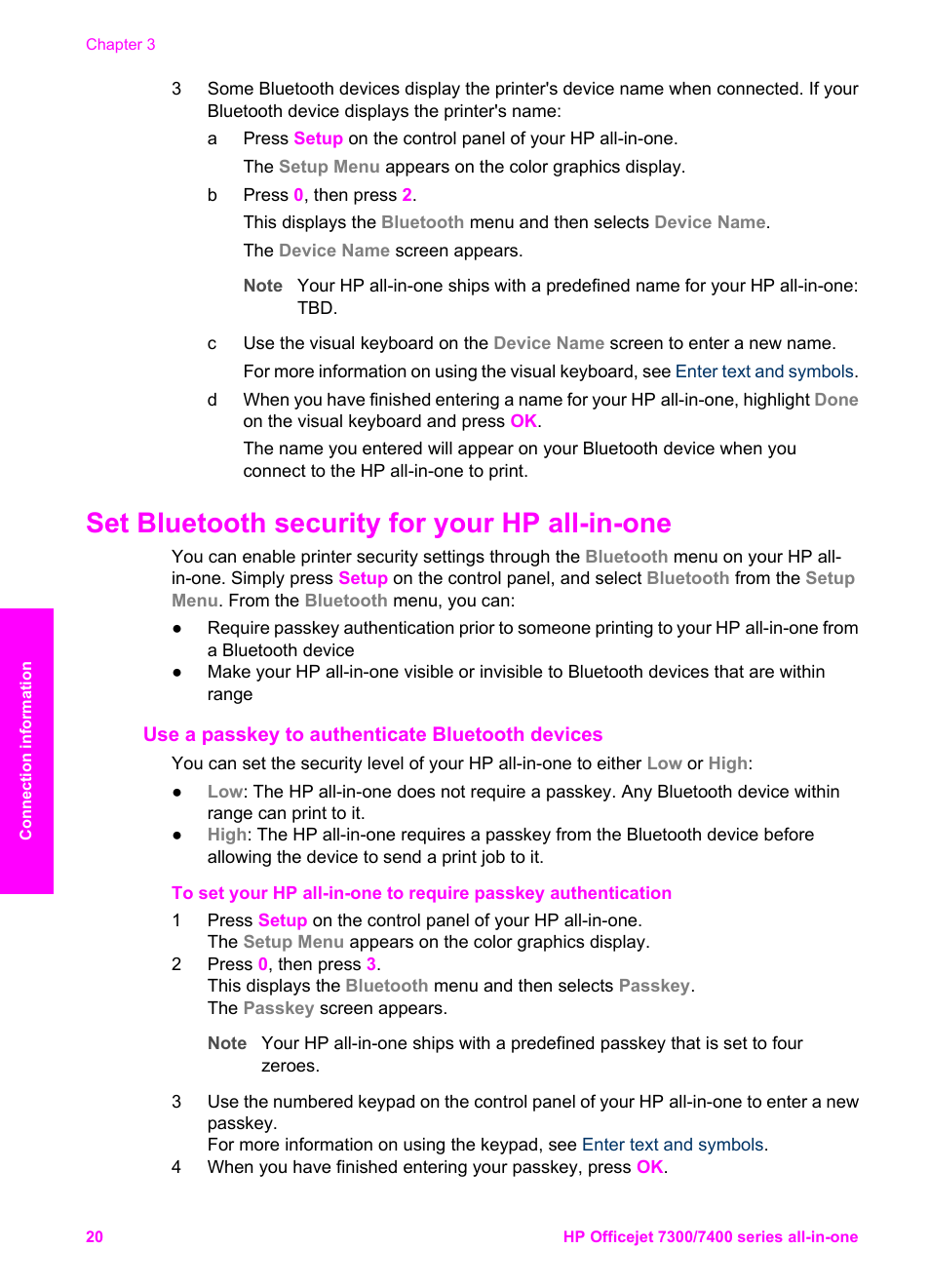 Set bluetooth security for your hp all-in-one, Use a passkey to authenticate bluetooth devices | HP Officejet 7410 All-in-One Printer User Manual | Page 23 / 242