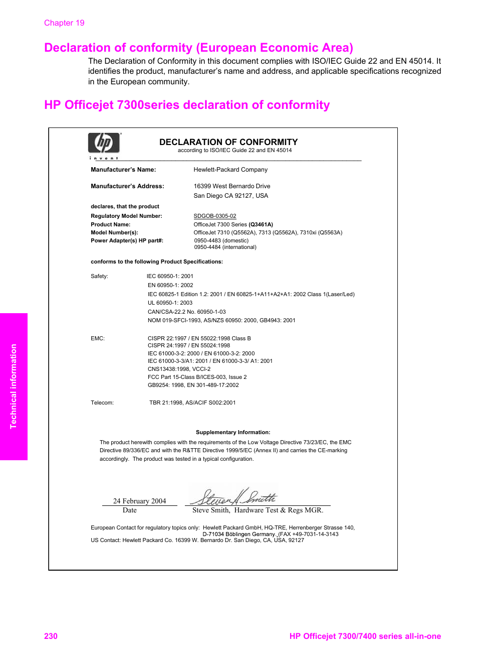 Declaration of conformity (european economic area), Hp officejet 7300 series declaration of conformity, Hp officejet 7300series declaration of conformity | Declaration of conformity | HP Officejet 7410 All-in-One Printer User Manual | Page 233 / 242