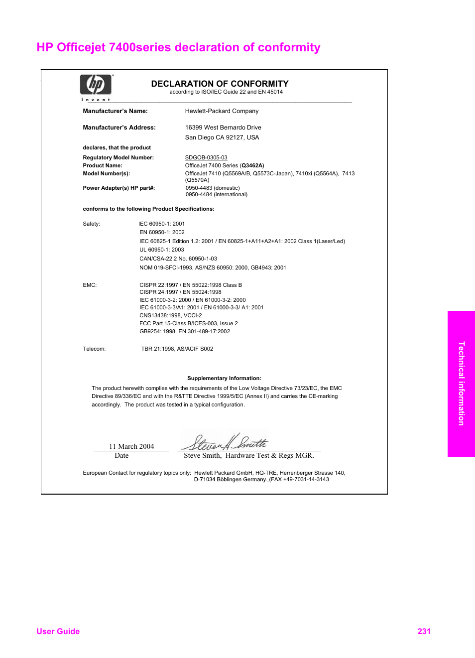 Hp officejet 7400 series declaration of conformity, Hp officejet 7400series declaration of conformity, Declaration of conformity | User guide 231 technical information | HP Officejet 7410 All-in-One Printer User Manual | Page 234 / 242