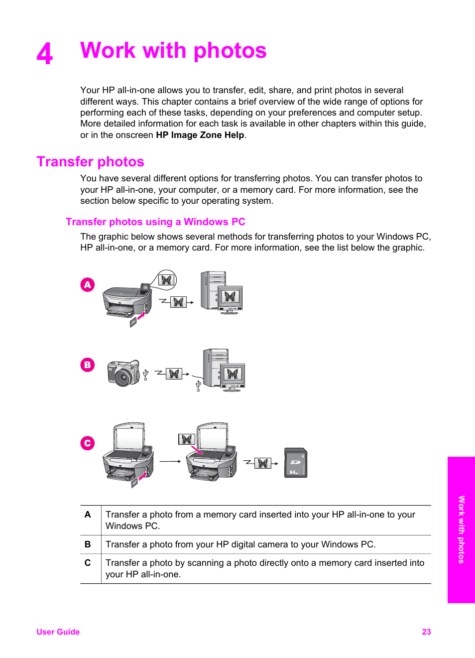 Work with photos, Transfer photos, Transfer photos using a windows pc | HP Officejet 7410 All-in-One Printer User Manual | Page 26 / 242