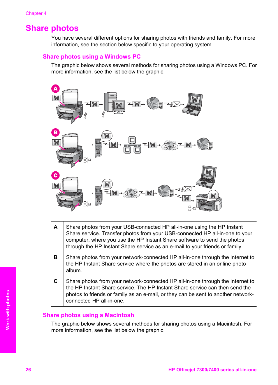 Share photos, Share photos using a windows pc, Share photos using a macintosh | HP Officejet 7410 All-in-One Printer User Manual | Page 29 / 242