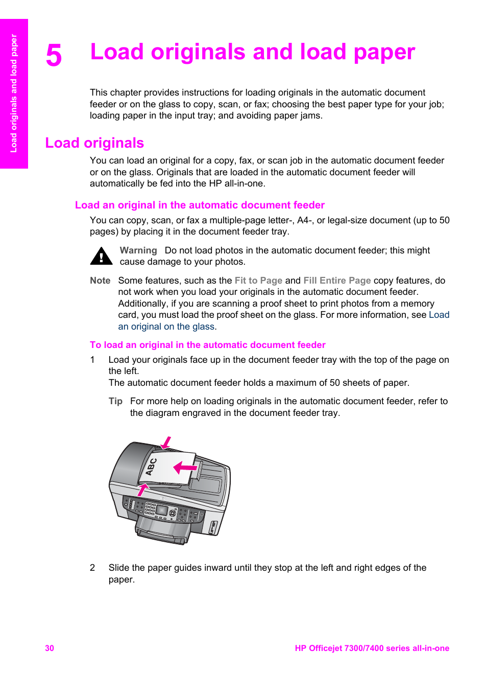 Load originals and load paper, Load originals, Load an original in the automatic document feeder | HP Officejet 7410 All-in-One Printer User Manual | Page 33 / 242