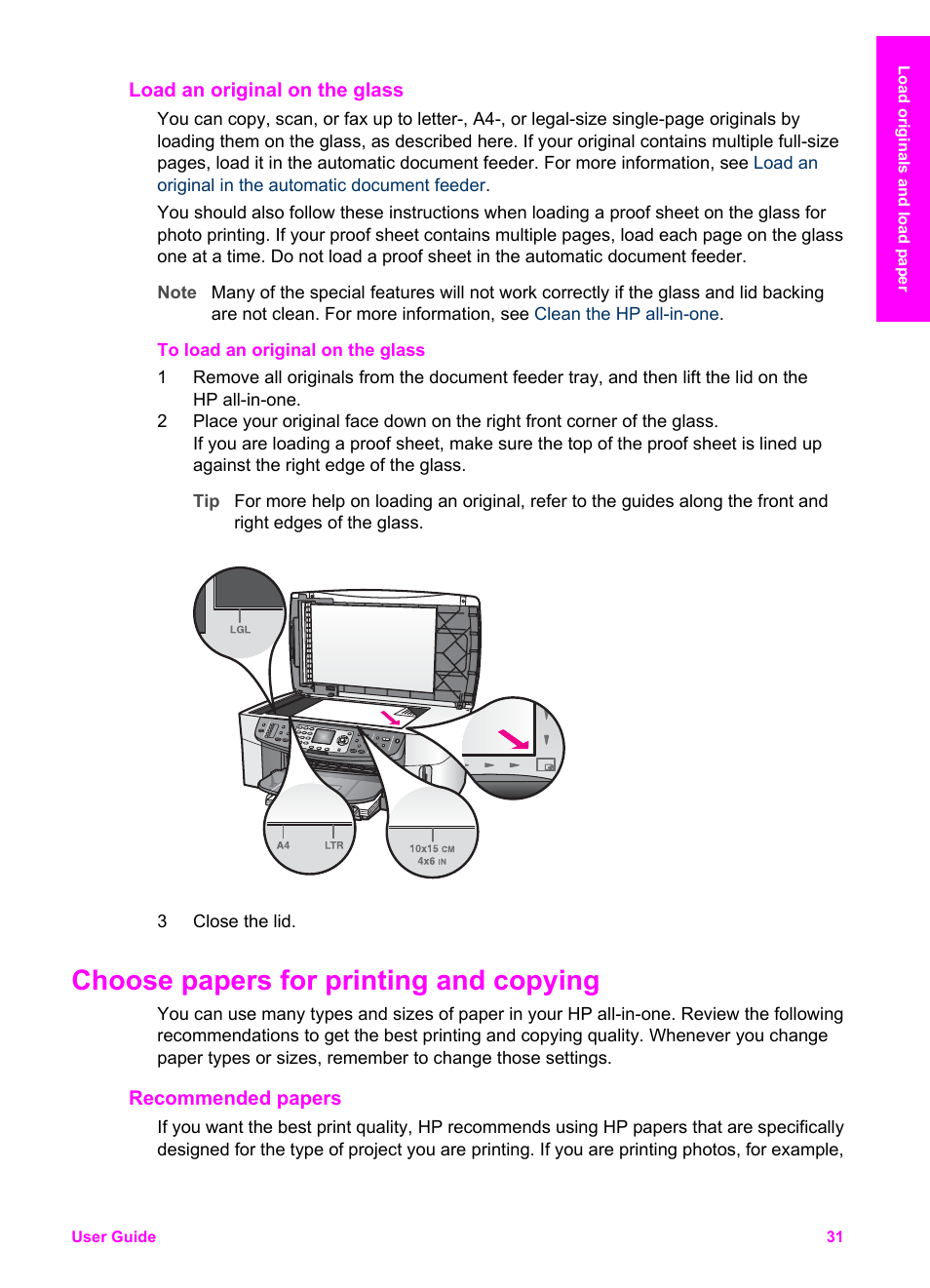 Load an original on the glass, Choose papers for printing and copying, Recommended papers | HP Officejet 7410 All-in-One Printer User Manual | Page 34 / 242