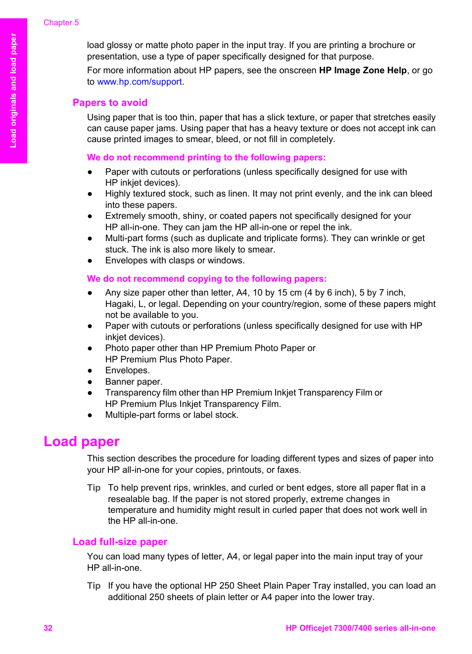 Papers to avoid, Load paper, Load full-size paper | HP Officejet 7410 All-in-One Printer User Manual | Page 35 / 242