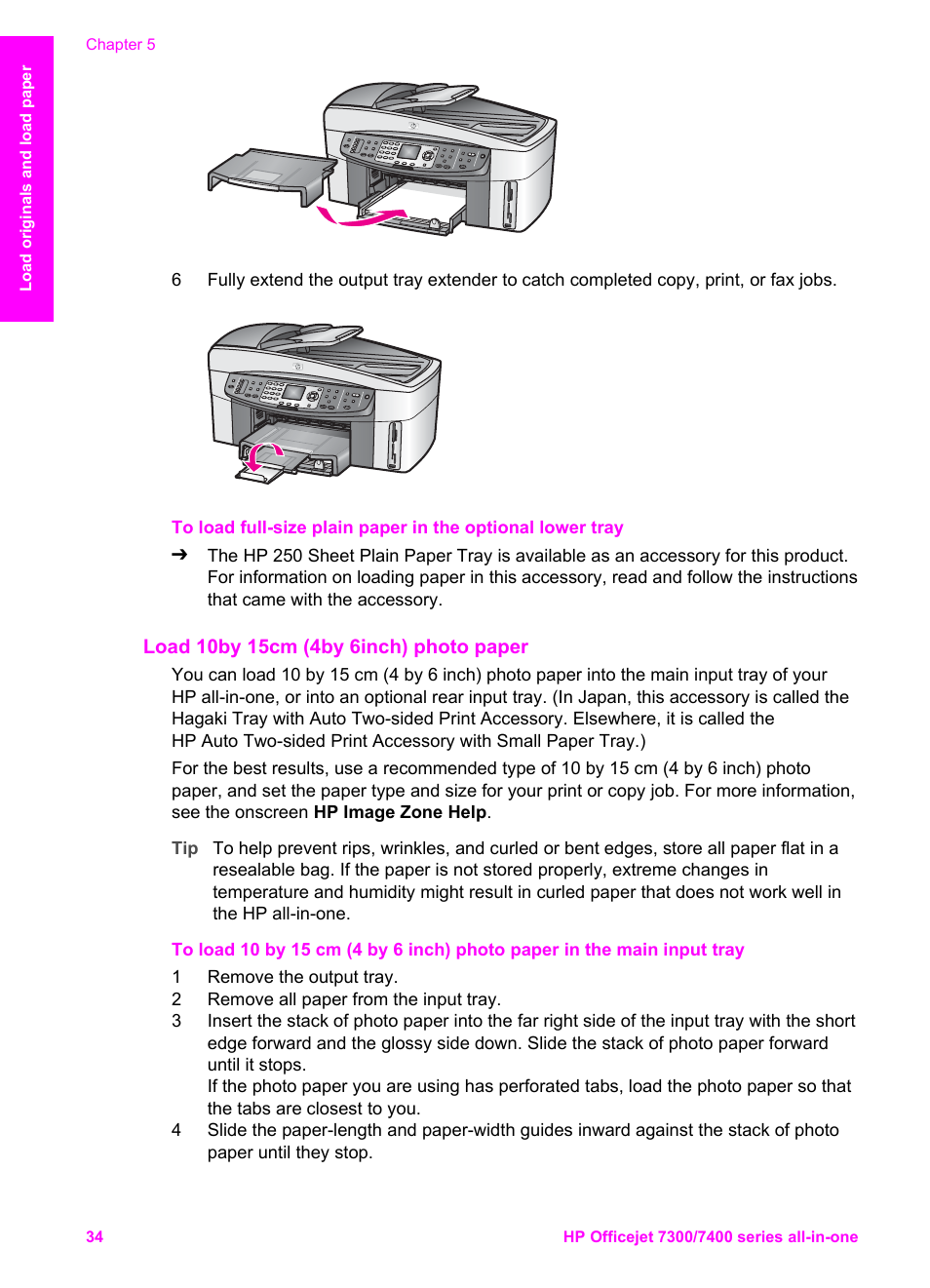 Load 10 by 15 cm (4 by 6 inch) photo paper | HP Officejet 7410 All-in-One Printer User Manual | Page 37 / 242