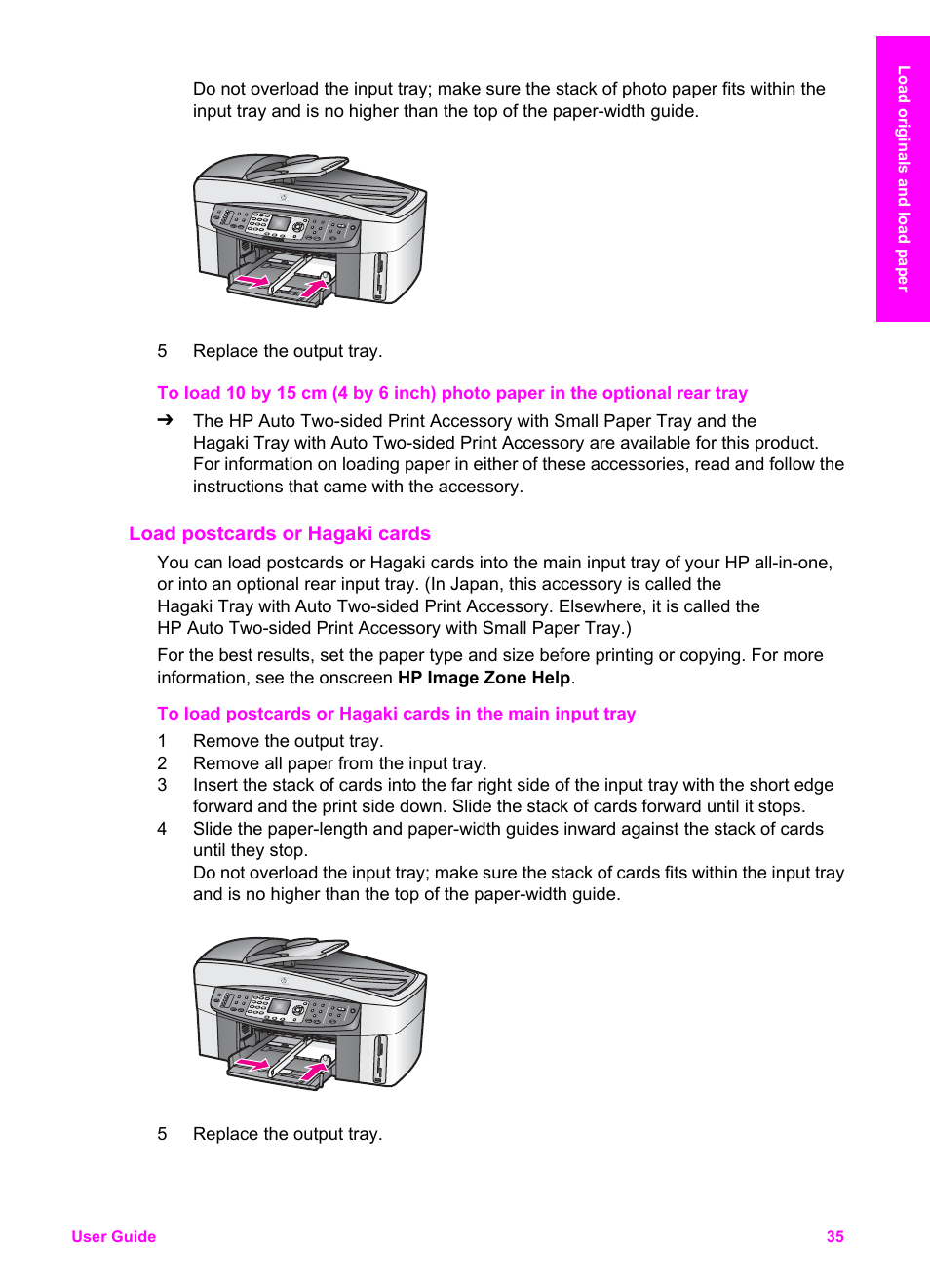 Load postcards or hagaki cards | HP Officejet 7410 All-in-One Printer User Manual | Page 38 / 242