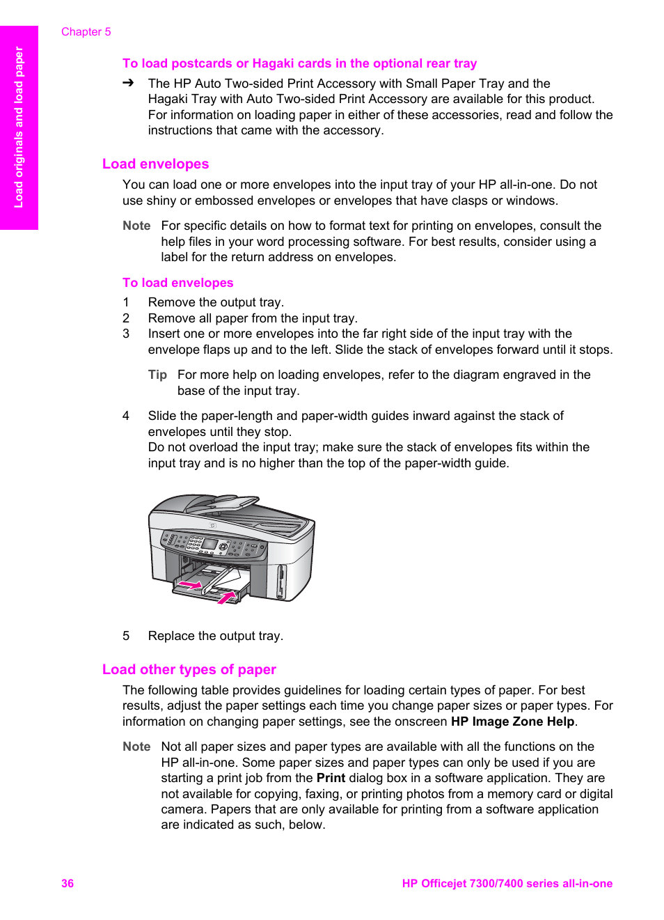 Load envelopes, Load other types of paper | HP Officejet 7410 All-in-One Printer User Manual | Page 39 / 242