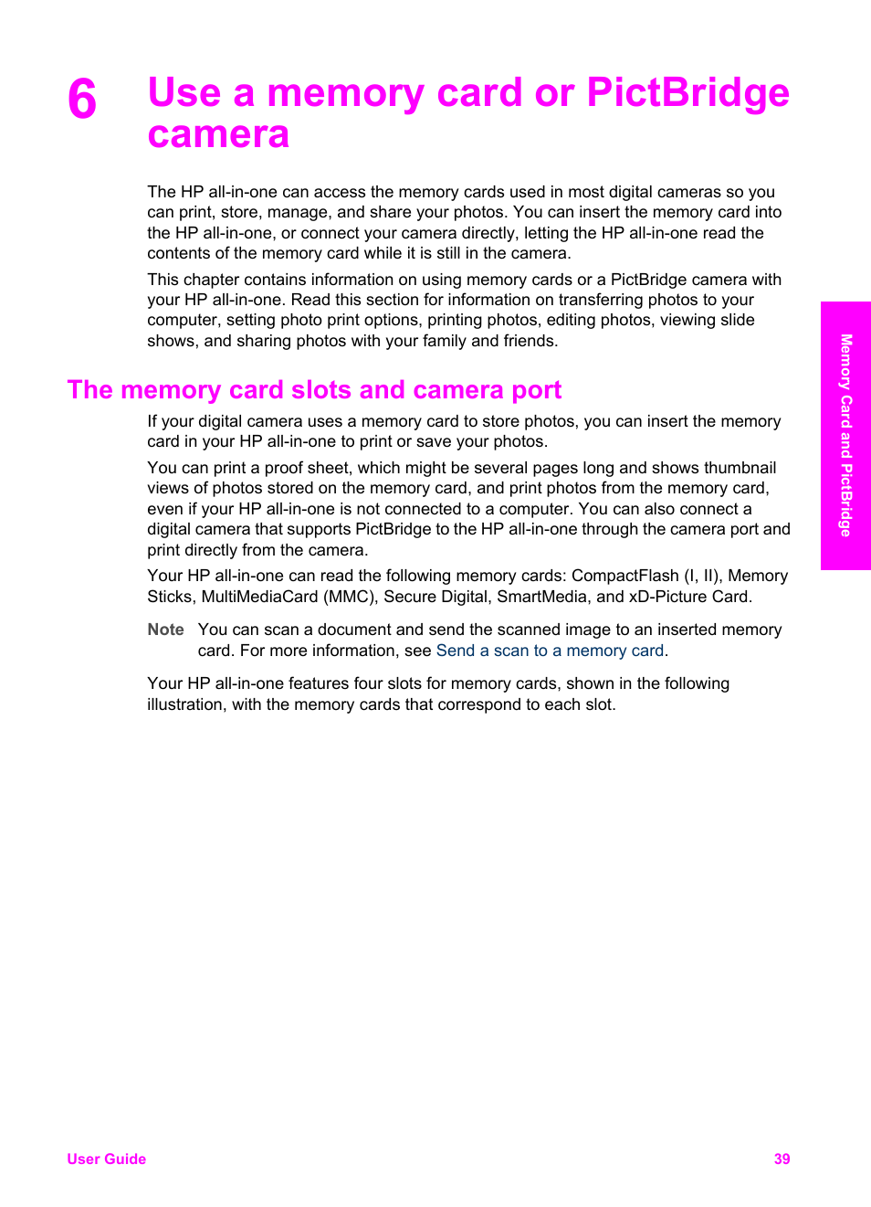 Use a memory card or pictbridge camera, The memory card slots and camera port | HP Officejet 7410 All-in-One Printer User Manual | Page 42 / 242