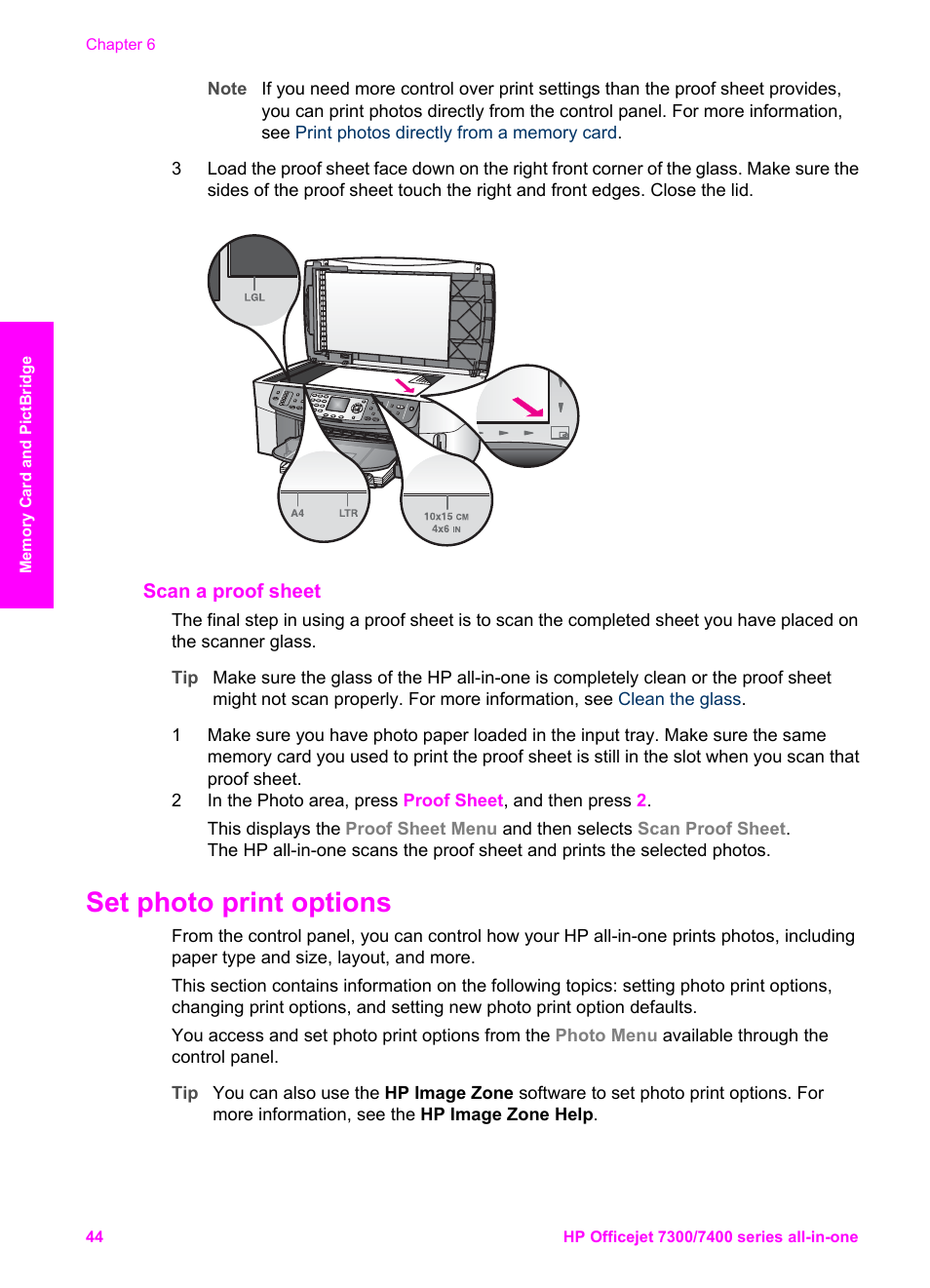 Scan a proof sheet, Set photo print options | HP Officejet 7410 All-in-One Printer User Manual | Page 47 / 242