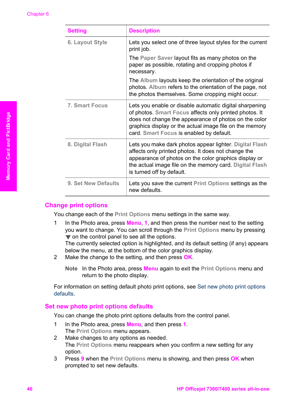 Change print options, Set new photo print options defaults | HP Officejet 7410 All-in-One Printer User Manual | Page 49 / 242