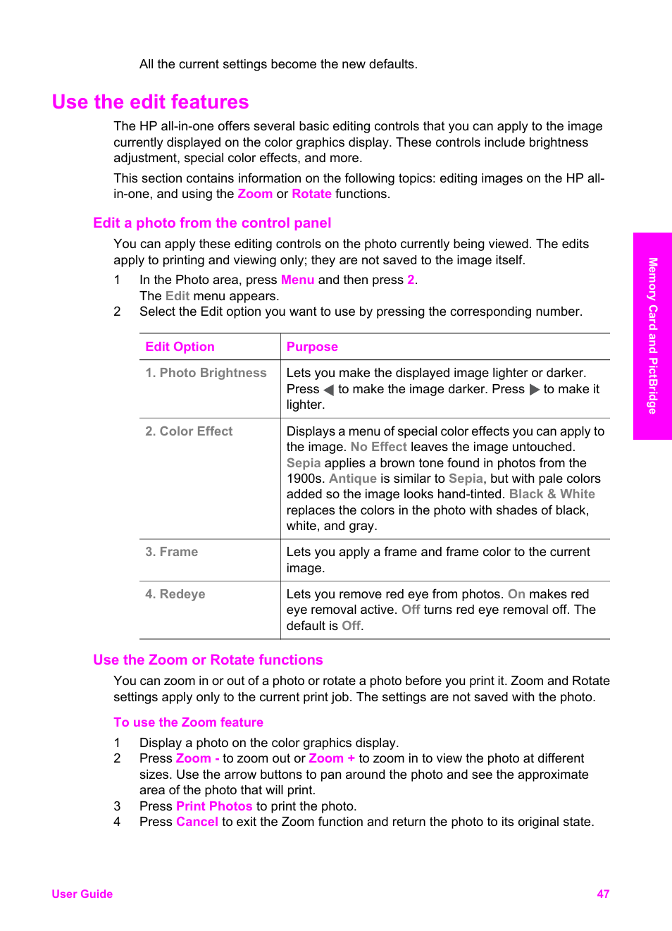 Use the edit features, Edit a photo from the control panel, Use the zoom or rotate functions | HP Officejet 7410 All-in-One Printer User Manual | Page 50 / 242