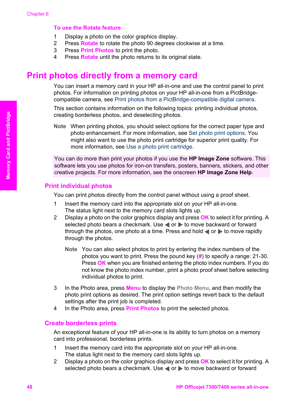 Print photos directly from a memory card, Print individual photos, Create borderless prints | HP Officejet 7410 All-in-One Printer User Manual | Page 51 / 242