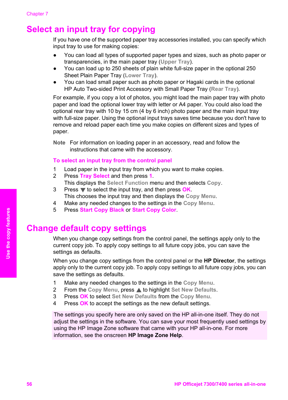 Select an input tray for copying, Change default copy settings | HP Officejet 7410 All-in-One Printer User Manual | Page 59 / 242