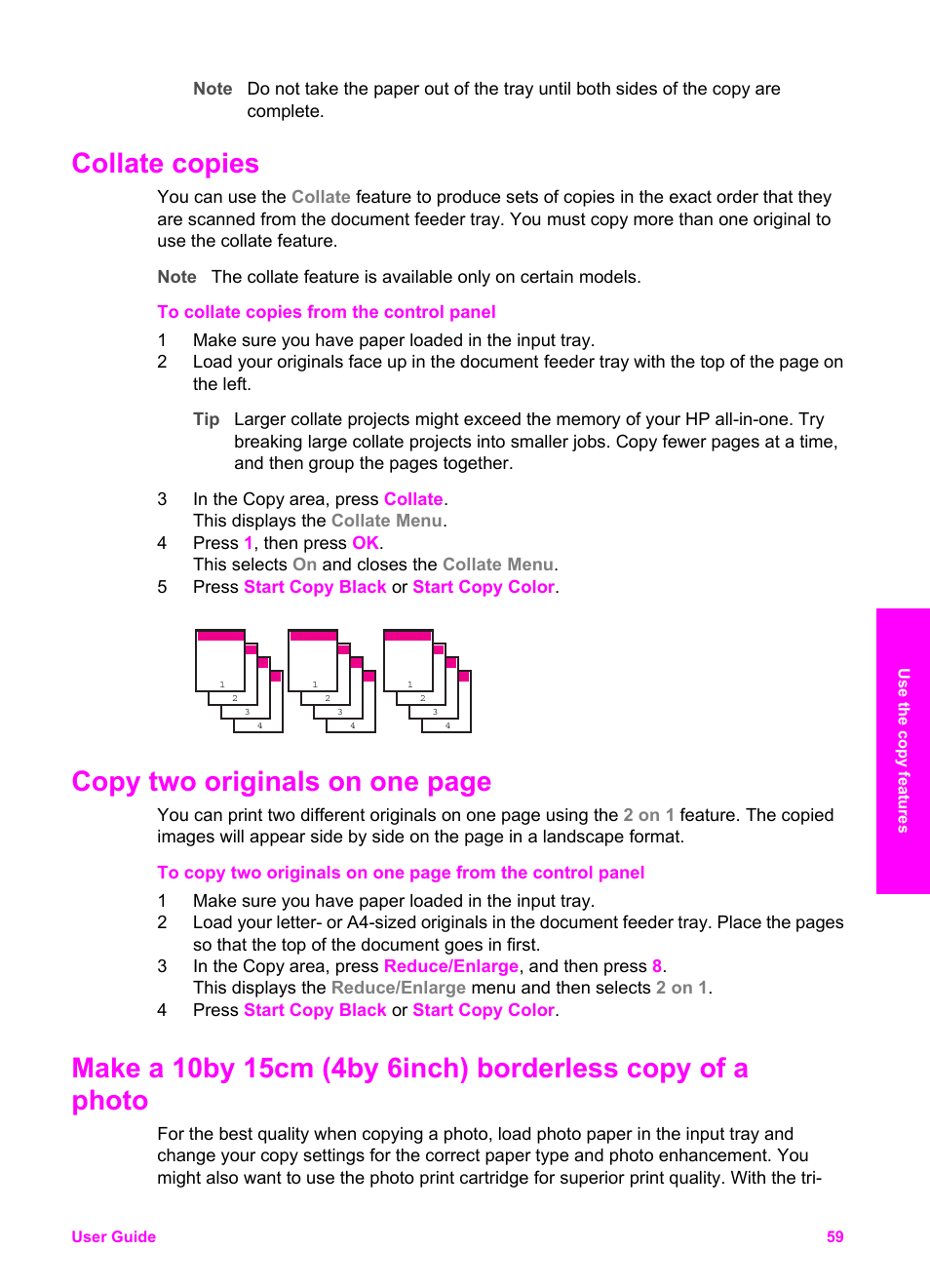Collate copies, Copy two originals on one page | HP Officejet 7410 All-in-One Printer User Manual | Page 62 / 242