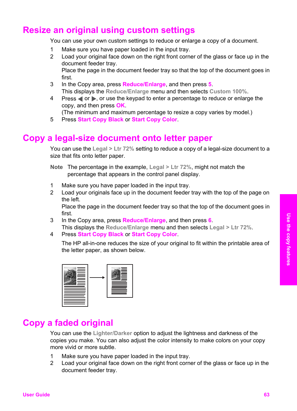 Resize an original using custom settings, Copy a legal-size document onto letter paper, Copy a faded original | HP Officejet 7410 All-in-One Printer User Manual | Page 66 / 242