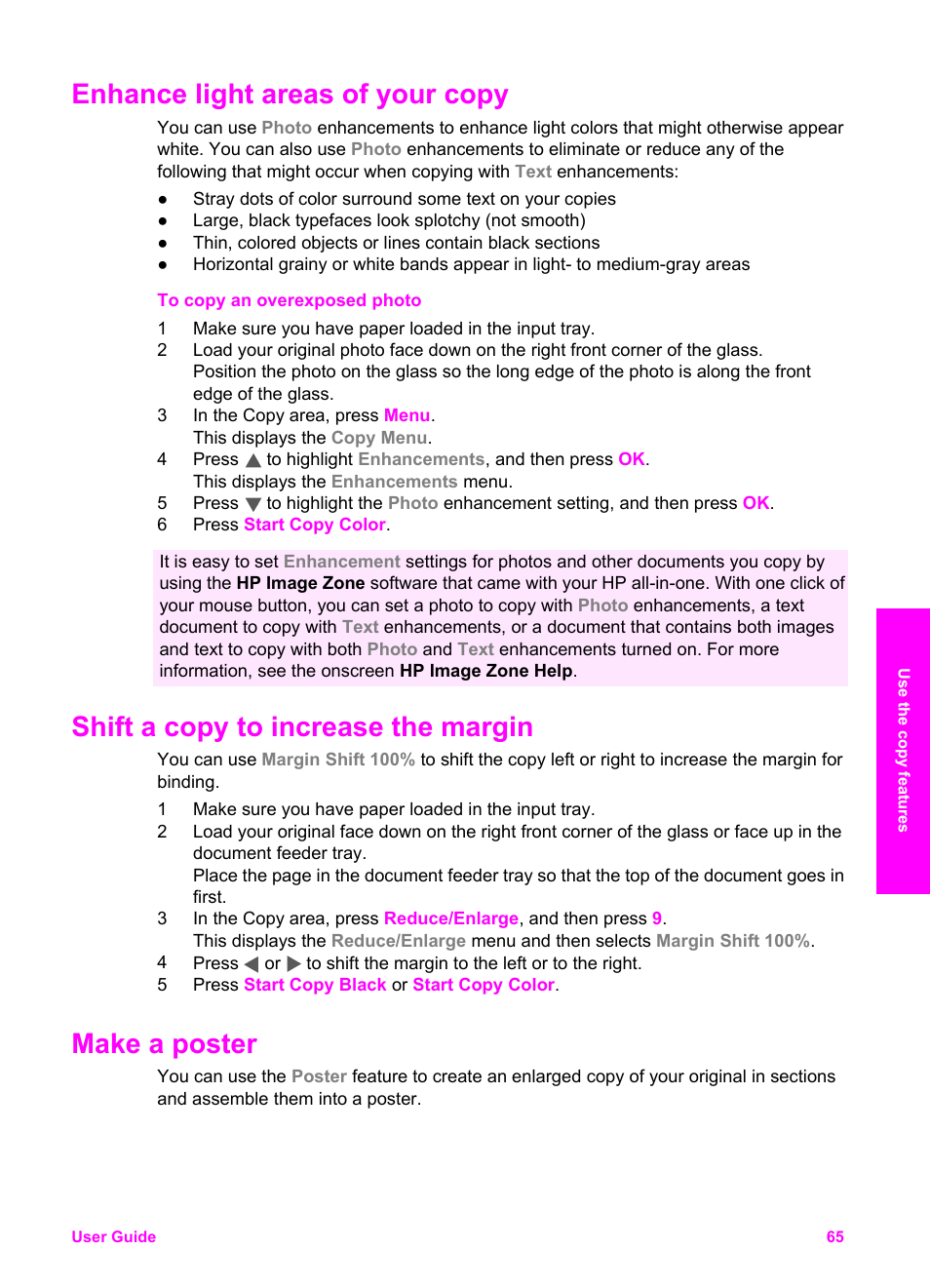 Enhance light areas of your copy, Shift a copy to increase the margin, Make a poster | Enhance light areas, Of your copy | HP Officejet 7410 All-in-One Printer User Manual | Page 68 / 242