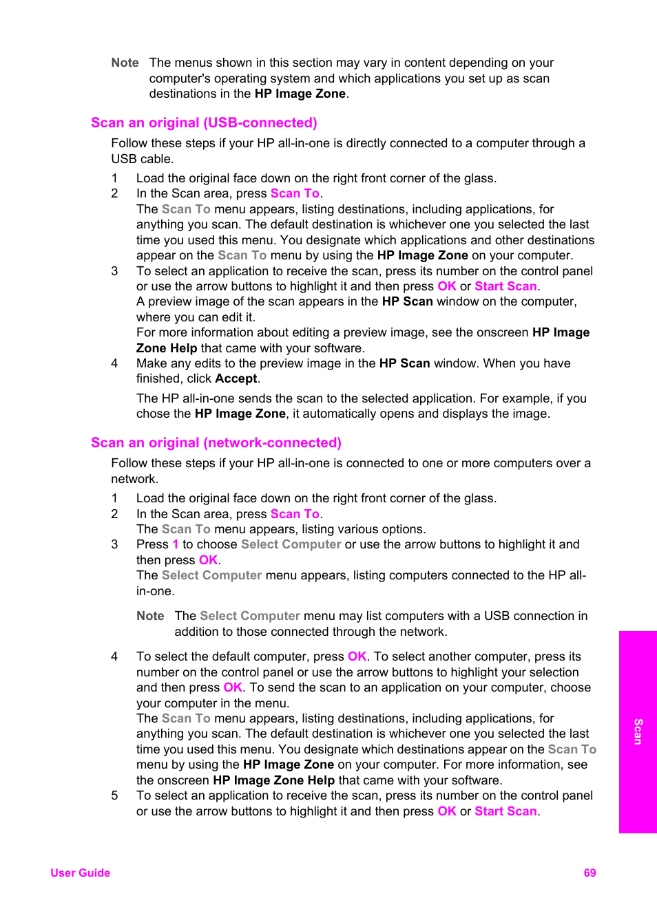 Scan an original (usb-connected), Scan an original (network-connected) | HP Officejet 7410 All-in-One Printer User Manual | Page 72 / 242