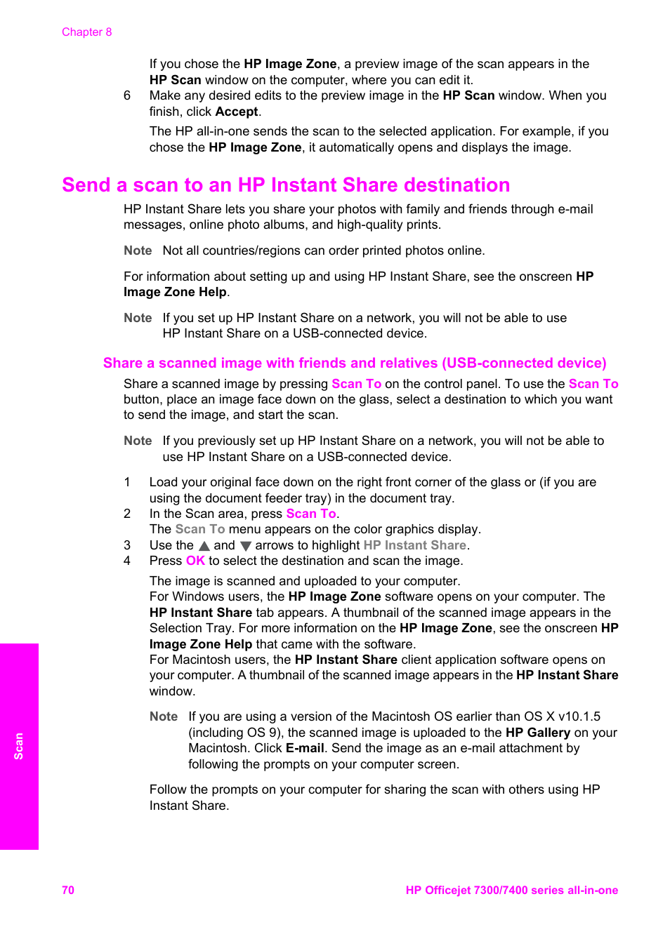 Send a scan to an hp instant share destination | HP Officejet 7410 All-in-One Printer User Manual | Page 73 / 242
