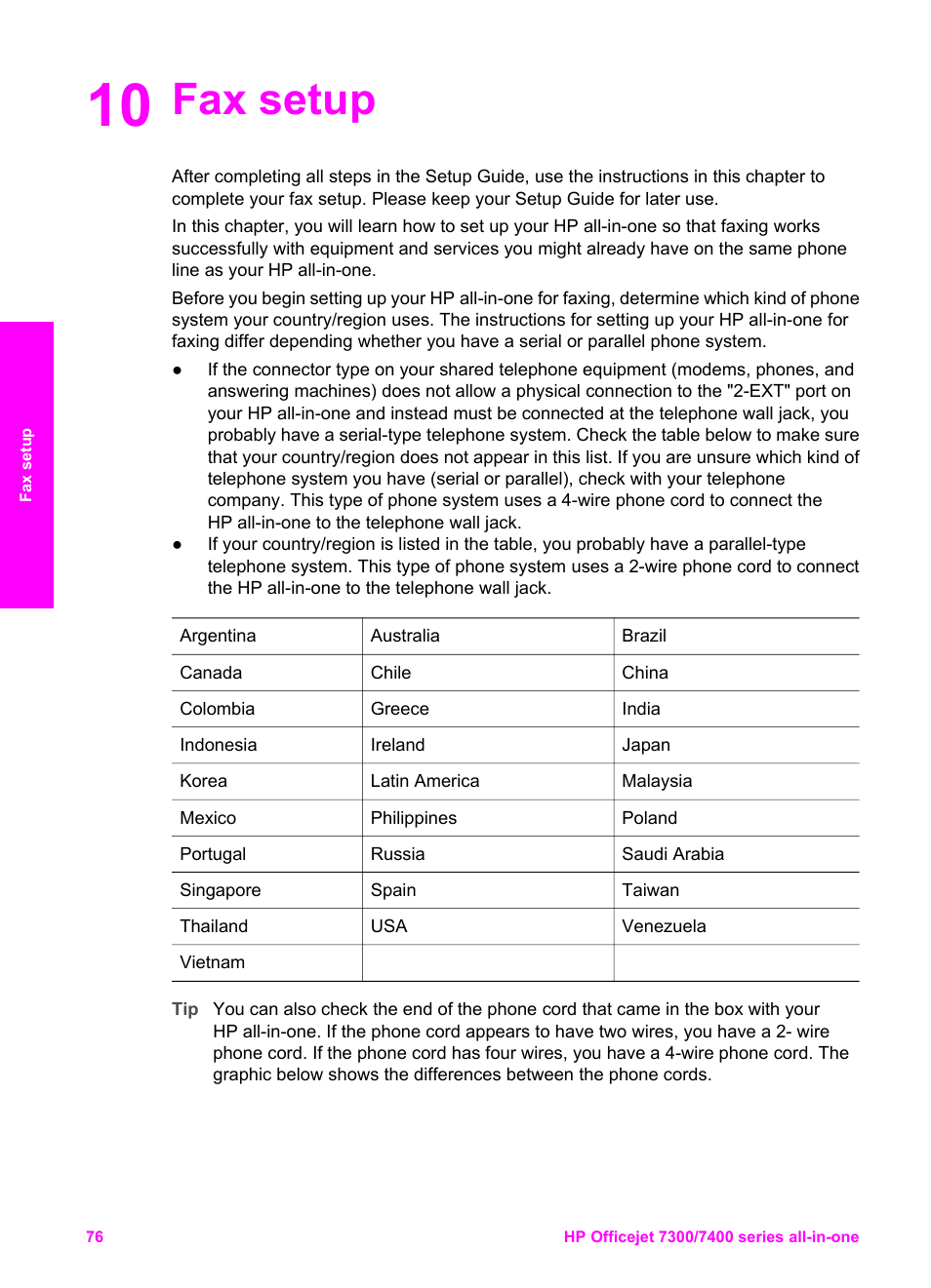 Fax setup, 10 fax setup | HP Officejet 7410 All-in-One Printer User Manual | Page 79 / 242