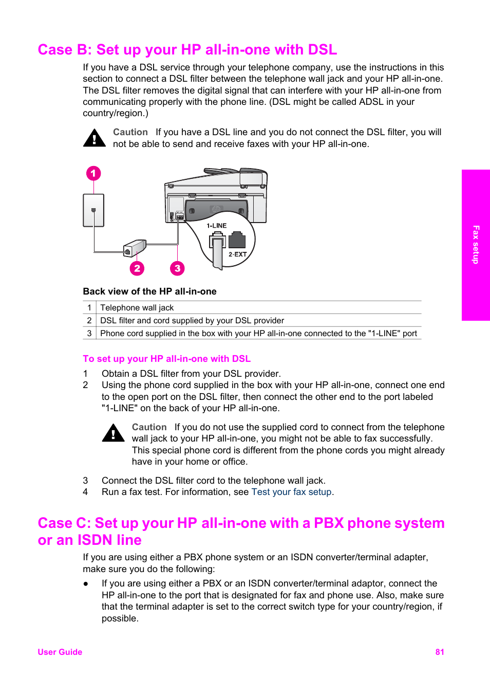 Case b: set up your hp all-in-one with dsl, Case b: set up your hp all-in-one with, Case c: set up your hp all-in-one with a | Pbx phone system or an isdn line, Case b: set up your hp all-in- one with dsl, Case b: set up your hp all- in-one with dsl | HP Officejet 7410 All-in-One Printer User Manual | Page 84 / 242