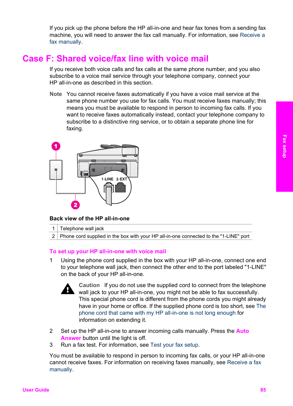 Case f: shared voice/fax line with voice mail | HP Officejet 7410 All-in-One Printer User Manual | Page 88 / 242