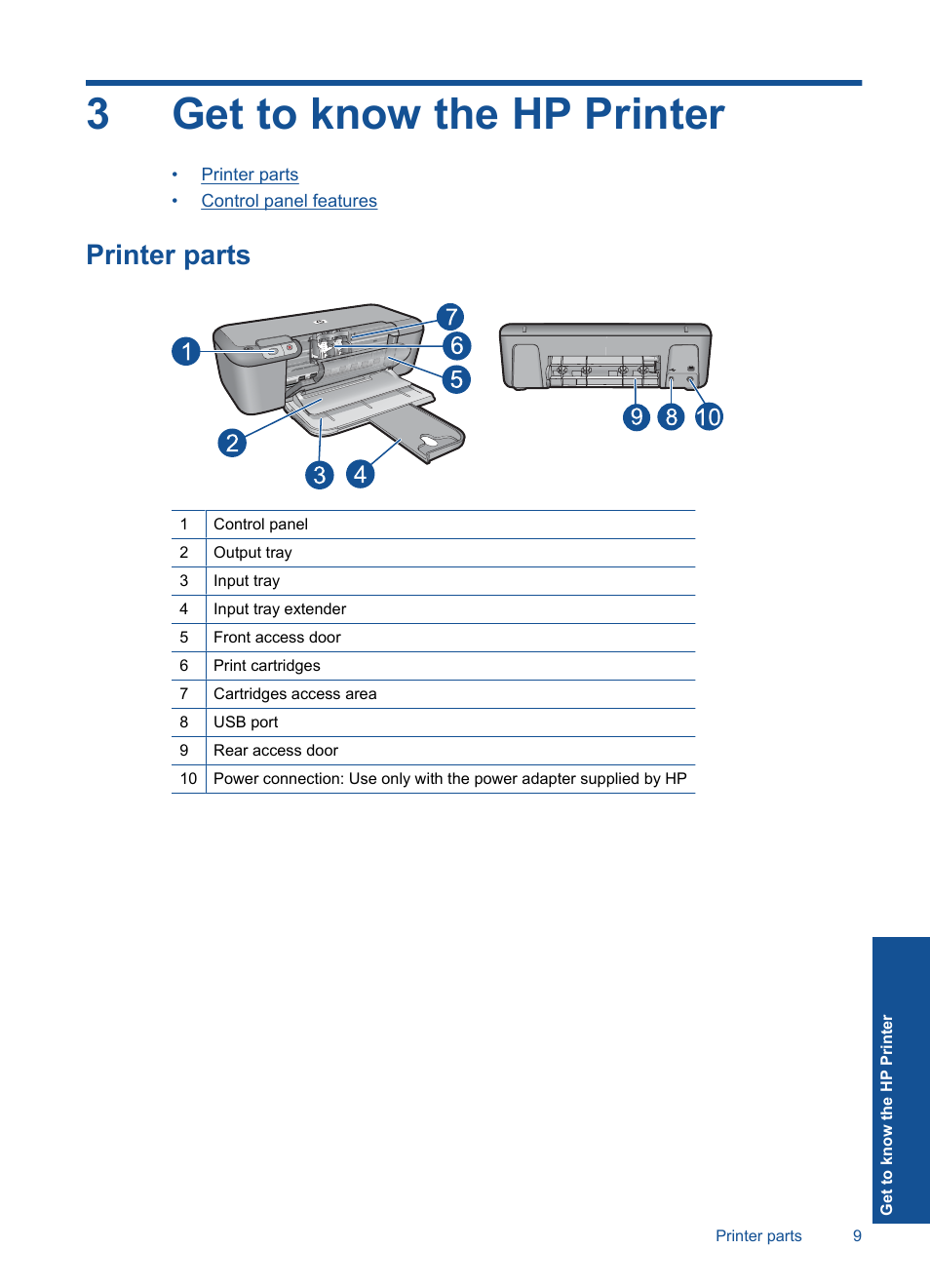 Get to know the hp printer, Printer parts, 3 get to know the hp printer | 3get to know the hp printer | HP Deskjet D5560 Printer User Manual | Page 11 / 68