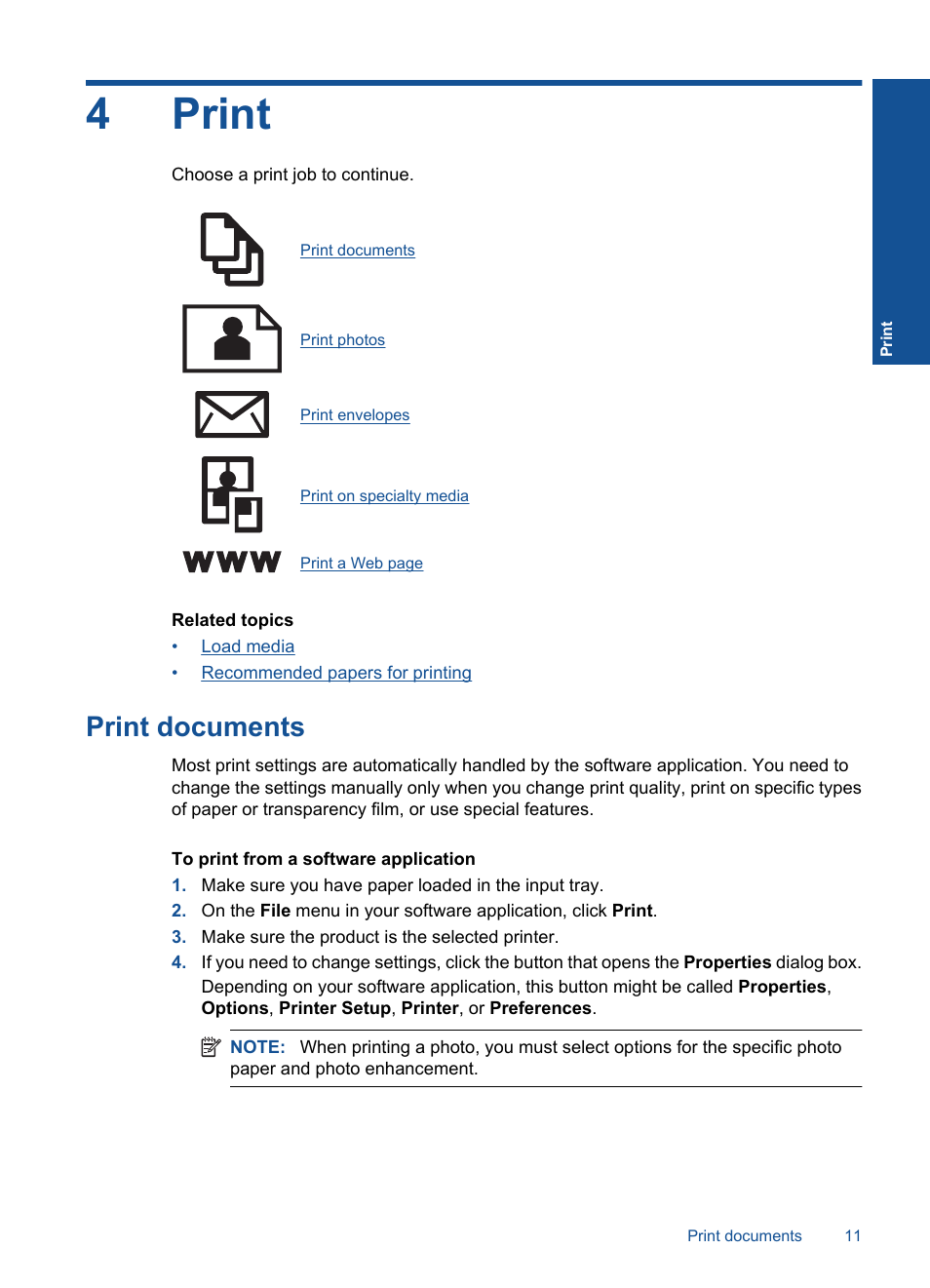 Print, Print documents, 4 print | 4print | HP Deskjet D5560 Printer User Manual | Page 13 / 68