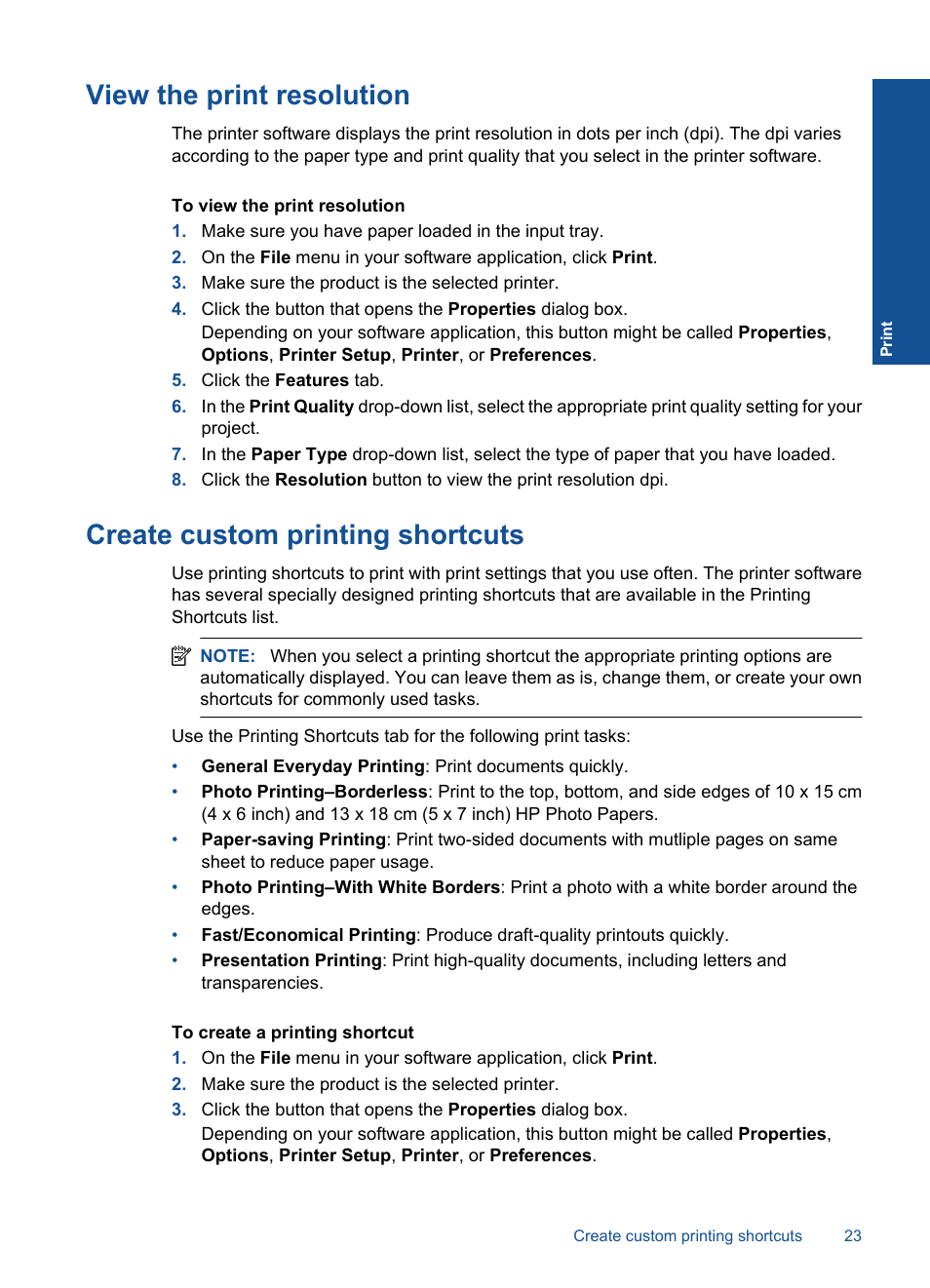 View the print resolution, Create custom printing shortcuts | HP Deskjet D5560 Printer User Manual | Page 25 / 68