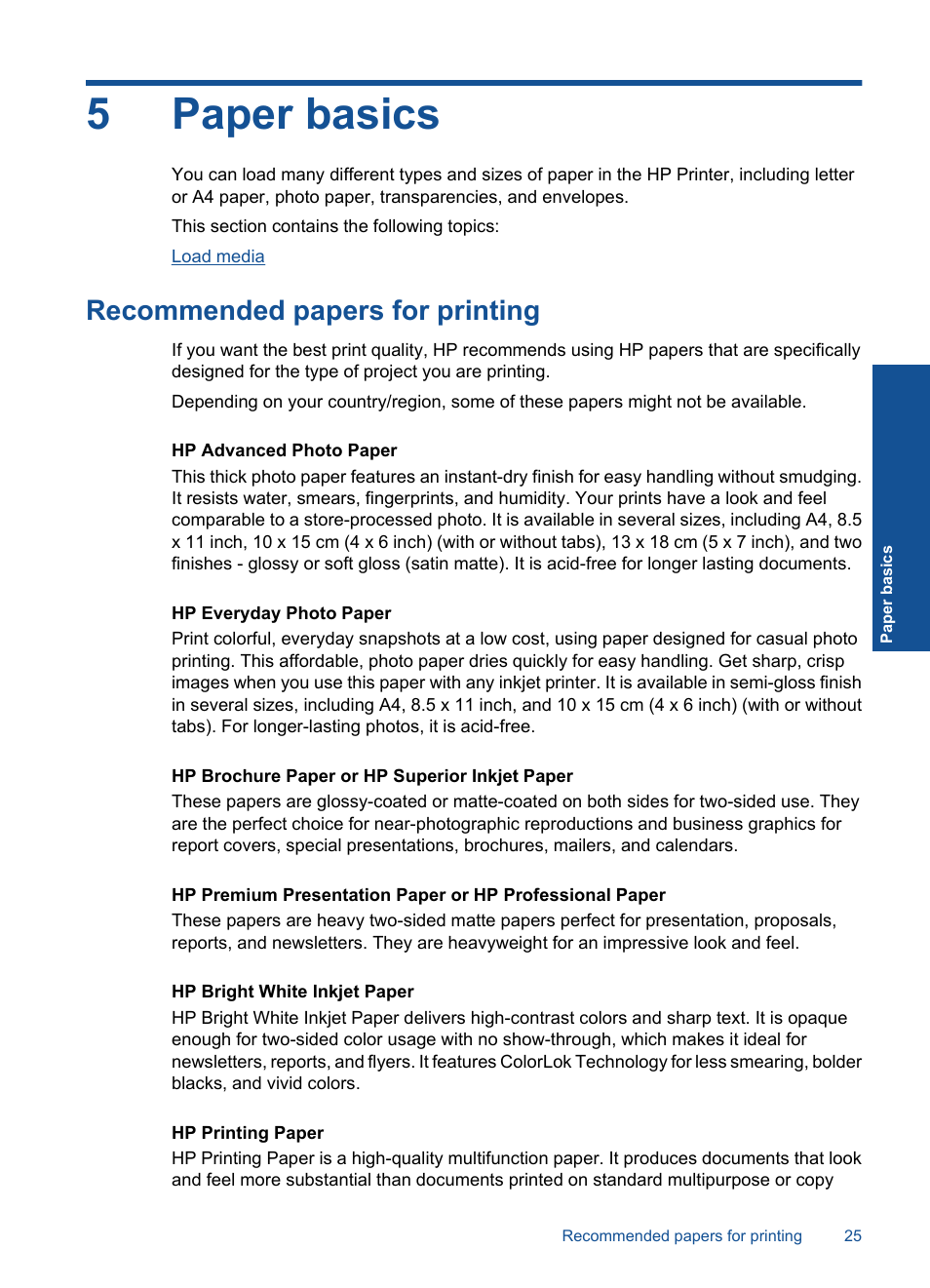 Recommended papers for printing, 5paper basics | HP Deskjet D5560 Printer User Manual | Page 27 / 68