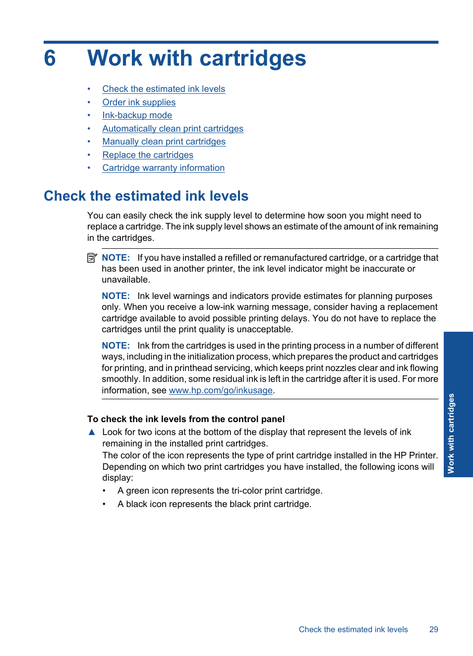 Work with cartridges, Check the estimated ink levels, 6 work with cartridges | 6work with cartridges | HP Deskjet D5560 Printer User Manual | Page 31 / 68