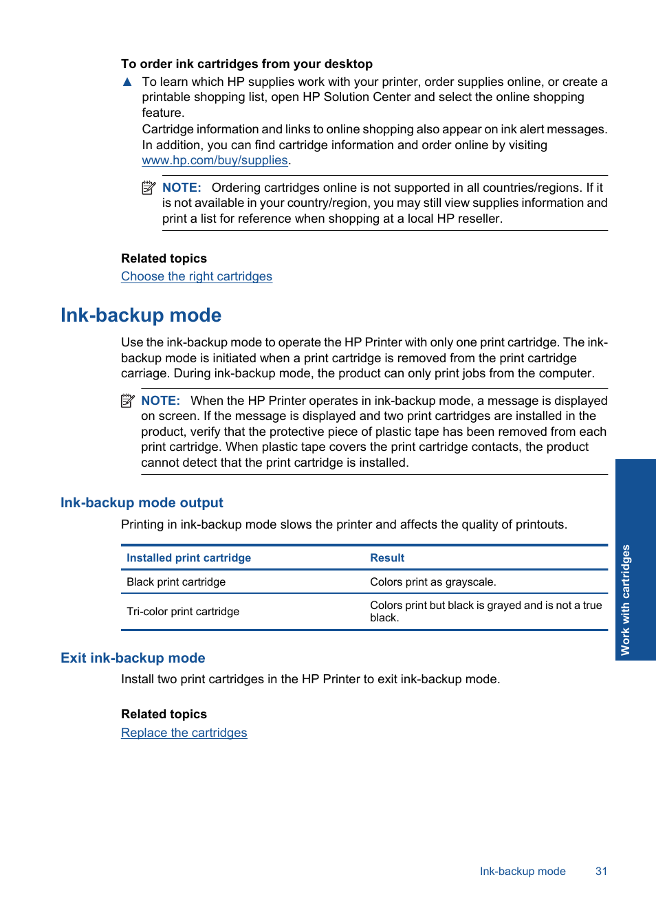 Ink-backup mode, Ink-backup mode output, Exit ink-backup mode | HP Deskjet D5560 Printer User Manual | Page 33 / 68