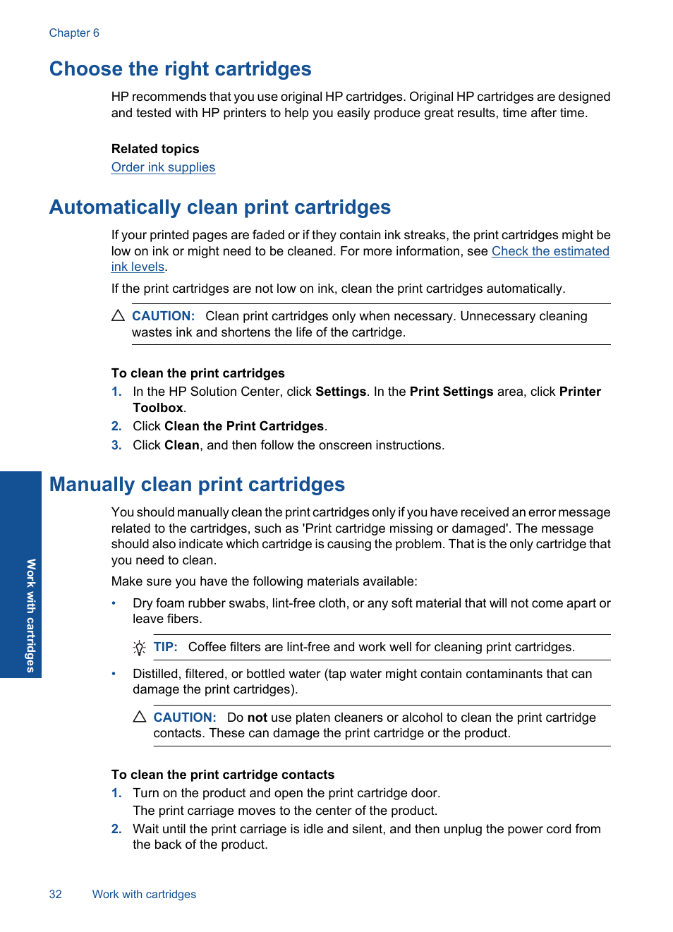 Automatically clean print cartridges, Manually clean print cartridges, Choose the right cartridges | HP Deskjet D5560 Printer User Manual | Page 34 / 68