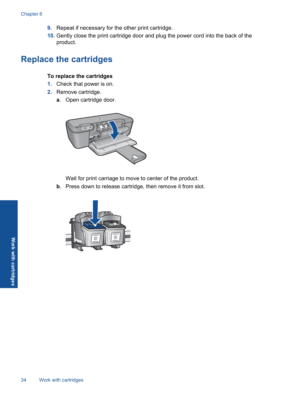 Replace the cartridges | HP Deskjet D5560 Printer User Manual | Page 36 / 68