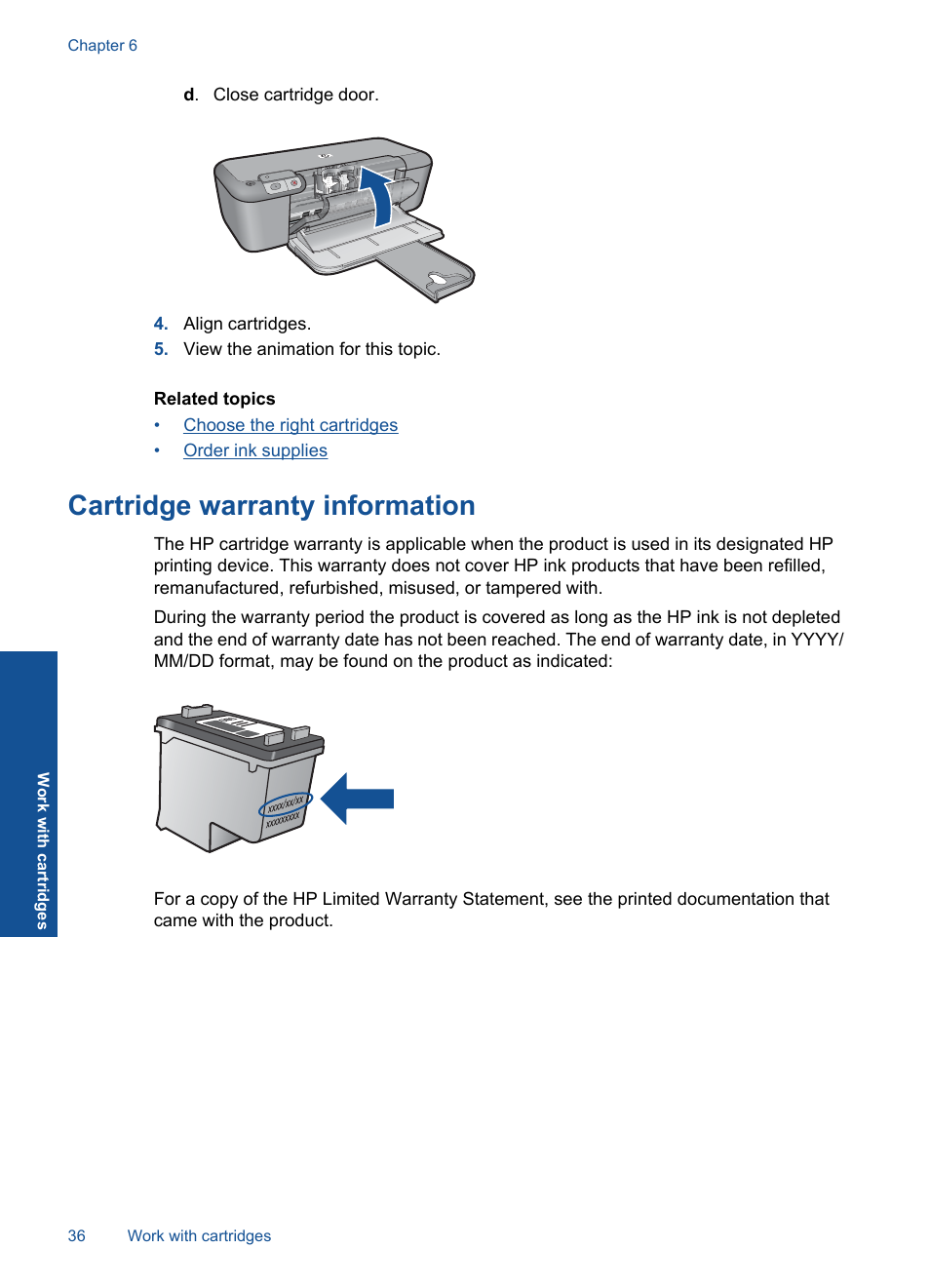 Cartridge warranty information | HP Deskjet D5560 Printer User Manual | Page 38 / 68