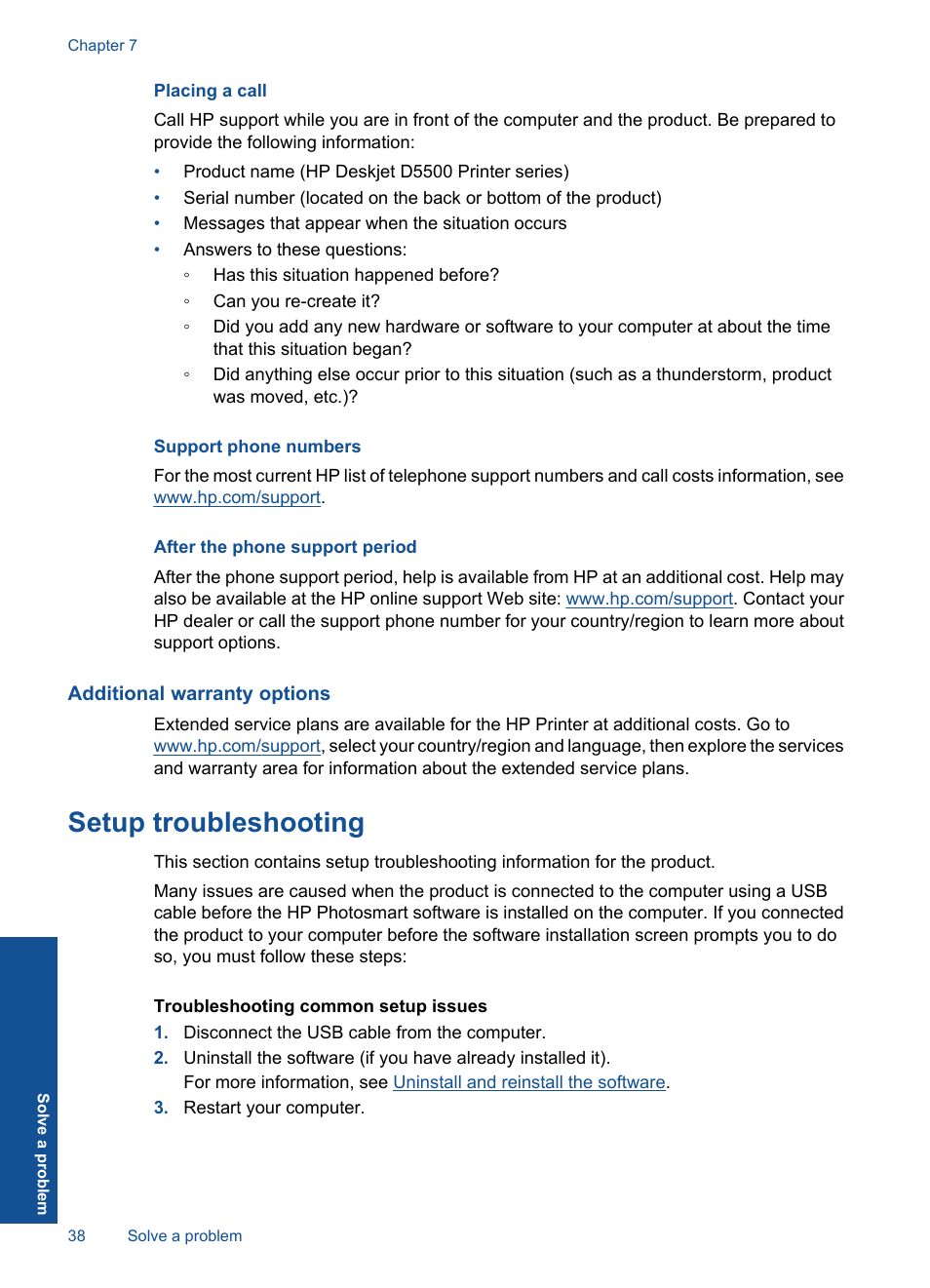 Placing a call, Support phone numbers, After the phone support period | Additional warranty options, Setup troubleshooting | HP Deskjet D5560 Printer User Manual | Page 40 / 68