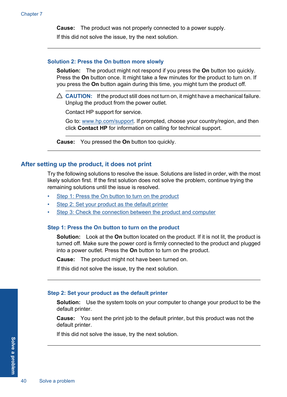 After setting up the product, it does not print, Solution 2: press the on button more slowly | HP Deskjet D5560 Printer User Manual | Page 42 / 68