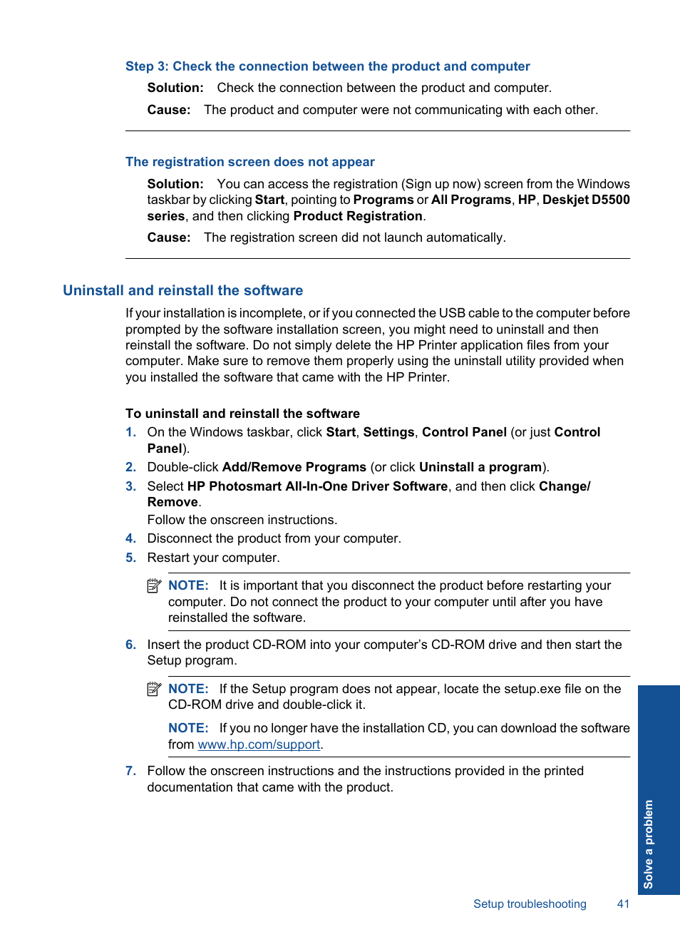 Uninstall and reinstall the software, The registration screen does not appear | HP Deskjet D5560 Printer User Manual | Page 43 / 68