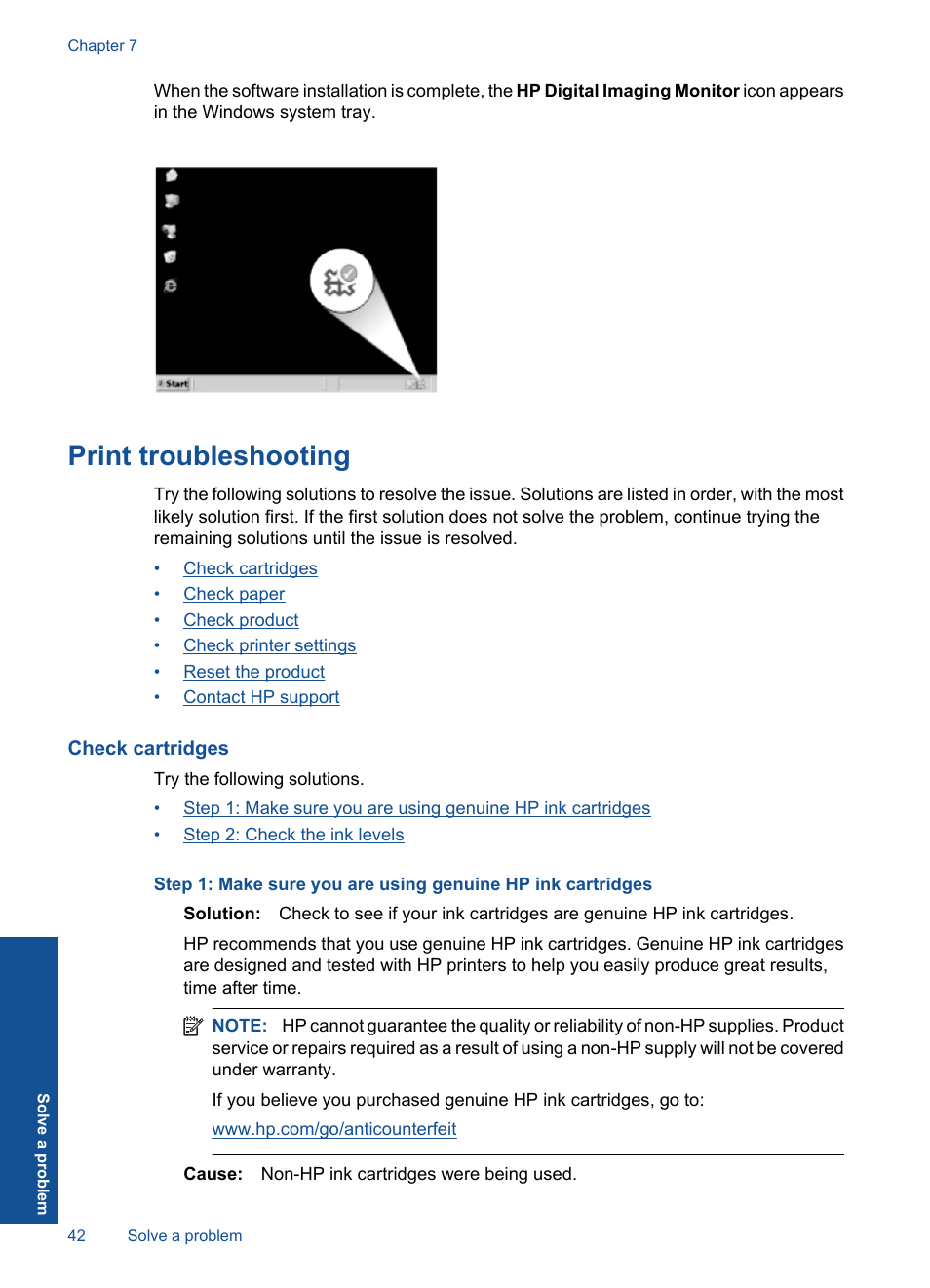 Print troubleshooting, Check cartridges | HP Deskjet D5560 Printer User Manual | Page 44 / 68